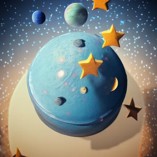 Image similar to Realistic cake with planets and stars on it, behance, artstation, unreal render, unreal engine 5, octane, intricate, 100mm, photorealistic, hyper realism, high detail, smooth, sharp focus, bokeh, 8k, movie shot, cinematic perspective, studio shot