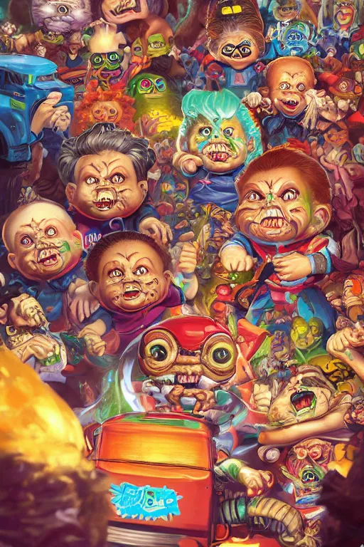 Image similar to Garbage Pail Kids by Simon Bisley, vivid colors, high details, cinematic, 8k resolution, beautiful detailed, photorealistic, digital painting, artstation, concept art, smooth, sharp focus, illustration, fantasy background, artstation trending, octane render, unreal engine