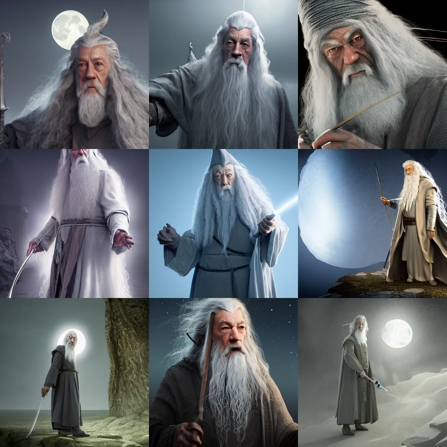 Prompt: Gandalf the Grey Wizard in Moonlight by Alan Lee, Glowing staff, full body concept art, intricate clothing, micro detail, octane render, 4K, art station