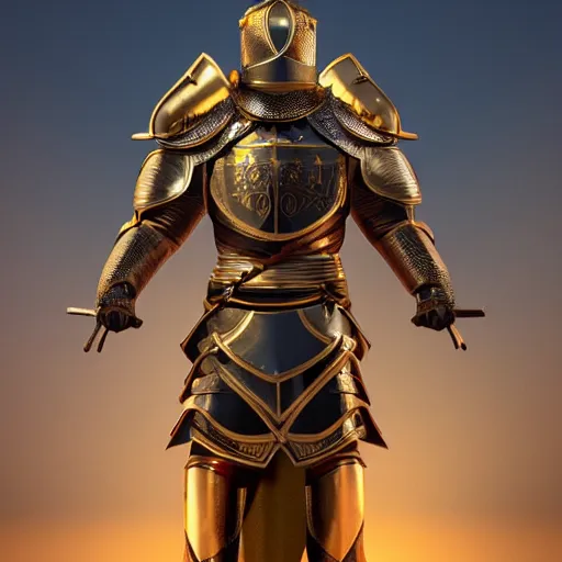 Prompt: a highly detailed full-length knight in a golden helmet and crown with a diamond in the center, golden armor, leather clothes under the armor, leather gloves, artstation, DeviantArt, professional, octane render, sunset lighting