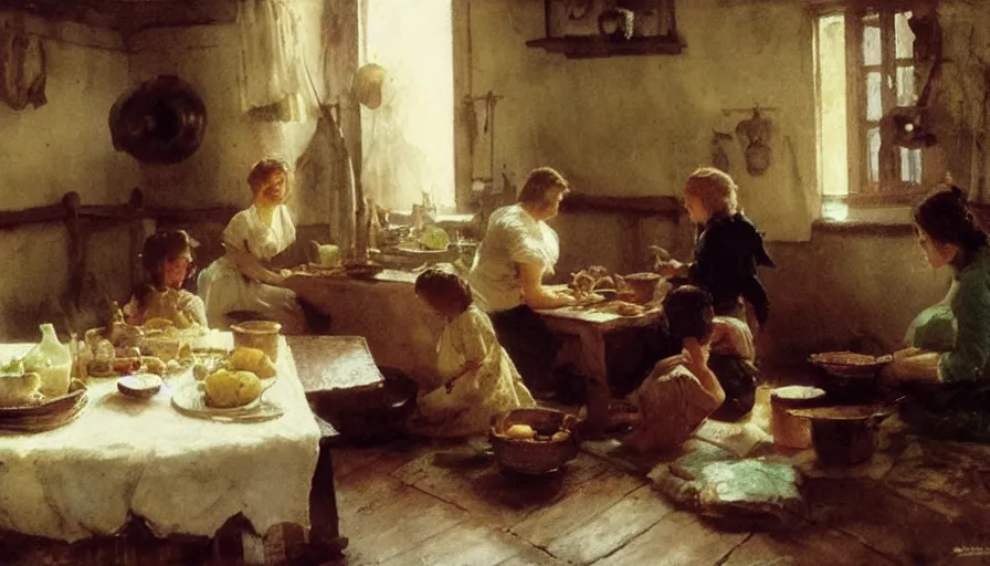 Image similar to simple villager family about to eat a meal together in their beautiful simple cottage home, art by anders zorn, wonderful masterpiece by greg rutkowski, beautiful cinematic light, american romanticism thomas lawrence, greg rutkowski