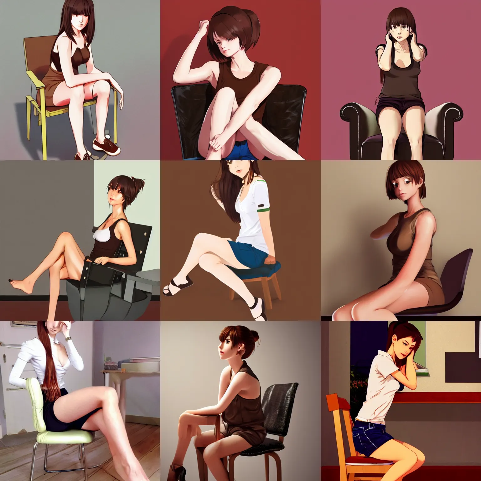 Prompt: sexy girl wearing shorts, brown hair in a ponytail, sitting on a chair, upright posture, in the style of ilya kuvshinov