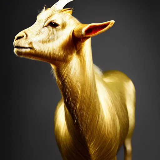 Image similar to portrait of a golden goat, beautiful portrait, studio lighting, 4 k, masterpiece cannon, boka