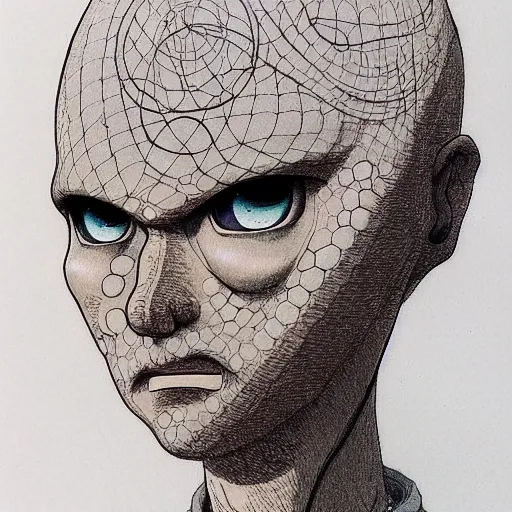 Image similar to prompt: Fragile looking vessel portrait face drawn by Katsuhiro Otomo, inspired by smithe one, magical and alchemical objects on the side, soft light, white background, intricate detail, intricate ink painting detail, sharp high detail, manga and anime 2000