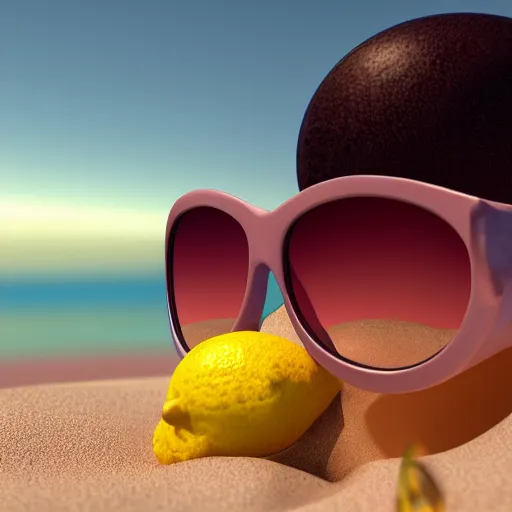 Prompt: lemon wearing sunglasses on the beach, 4K, high octane, 3d render