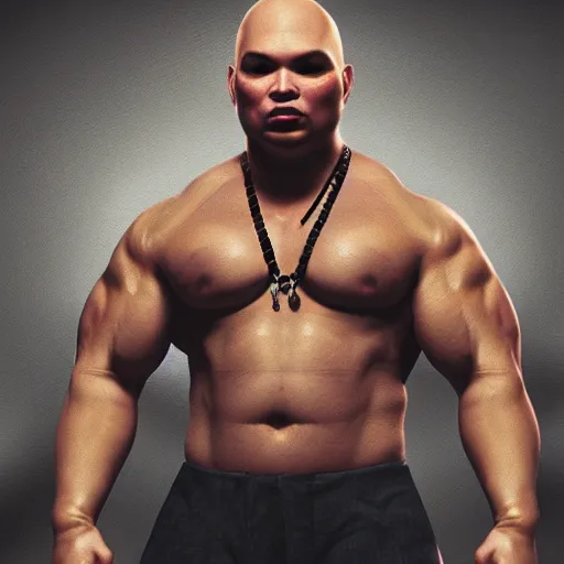 Image similar to fat Joe with the physique of a body builder, realistic, detailed, cinematic, dynamic lighting, photorealistic, refined, intricate, digital art, digital painting, masterpiece, gym background,