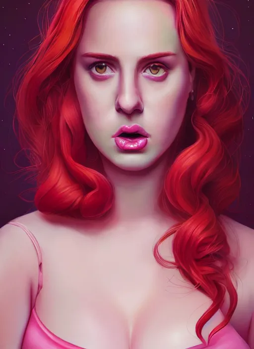 Image similar to full body portrait of teenage cheryl blossom, obese, bangs, green eyes, sultry, realistic, red hair, sultry smirk, wavy hair, pink skirt, fat, intricate, elegant, glowing lights, highly detailed, digital painting, artstation, concept art, smooth, sharp focus, illustration, art by wlop, mars ravelo and greg rutkowski