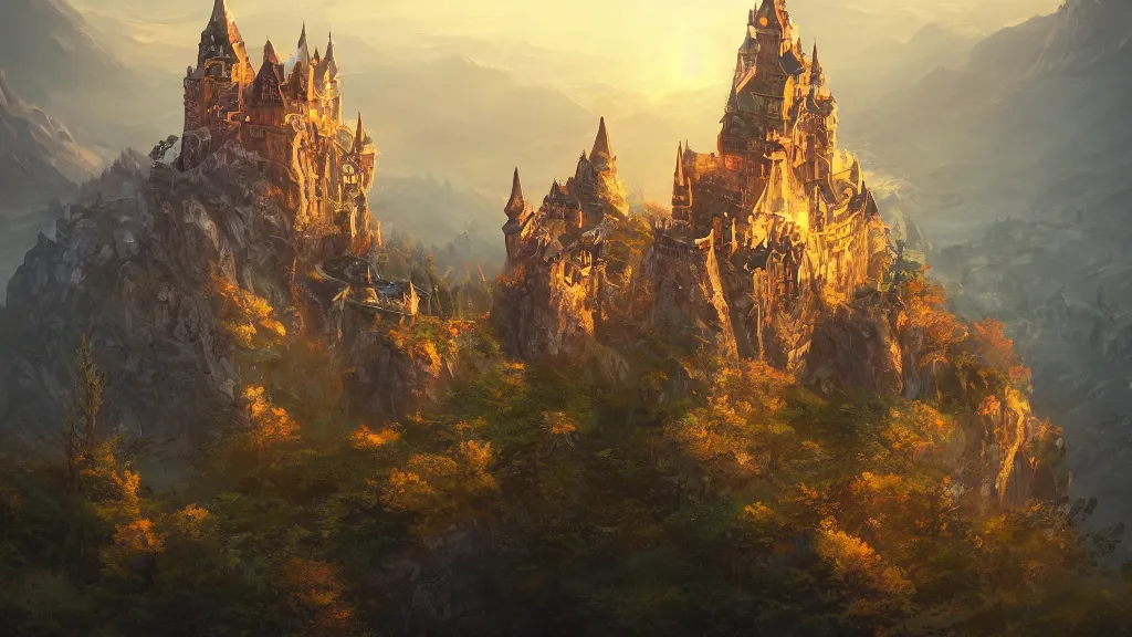 Image similar to ancient mystical castle on top of a mountain, golden glow illuminating the building, by sylvain sarrailh, rossdraws, ambient light, ultra detailed, fantasy artwork, 8 k, volumetric lighting, trending on artstation, award winning, very beautiful.