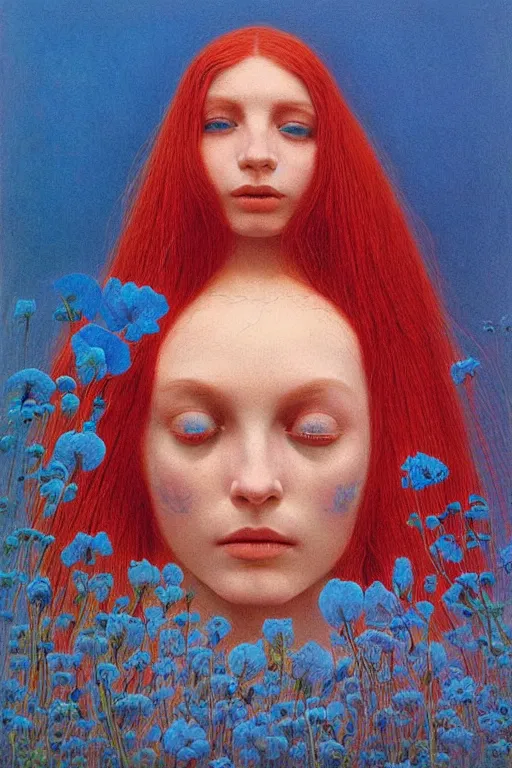 Prompt: pale woman, with long red hair, completely tattooed with blue fluorescent flowers, by zdzisław beksiński