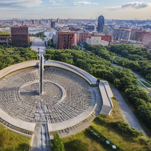 Image similar to aerial view of brutalist monument ( ( ( ( park ) ) ) ) spomenik, ( ( railings ) ), photo, 4 k