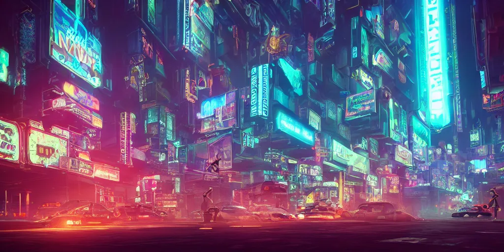 Image similar to a 3 d rendered in unreal engine hyrule land cyberpunk city with neon ads and signs with evocative dramatic mood with blade runner vibe with cars with motion blur with depth of field with bloom with lightshaft with volumetric lights, fog, by scott robertson, oscar winning graphics, photo realistic, bloom, imax, dynamic lighting, artstation,