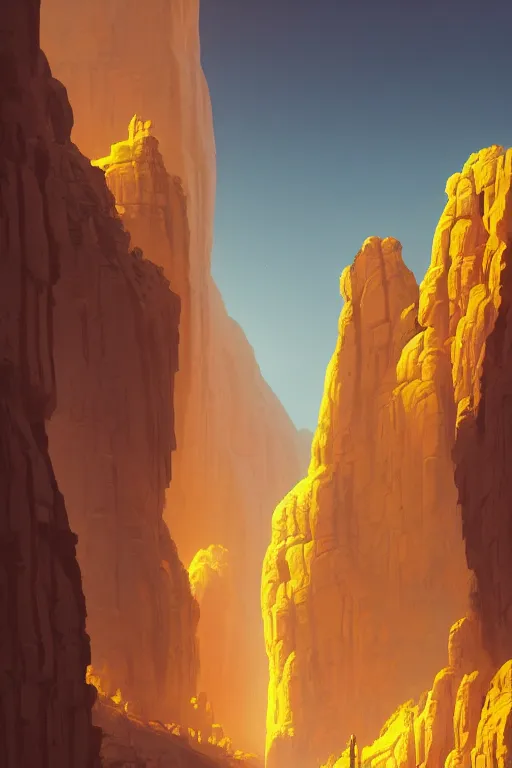 Prompt: monks and ancient temple glowing yellow, narrow canyon, light streaks in the sky, dramatic lighting, artstation, matte painting, ralph mcquarrie, simon stalenhag