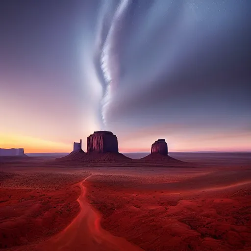Prompt: landscape photography by marc adamus, monument valley, blue hour, high quality
