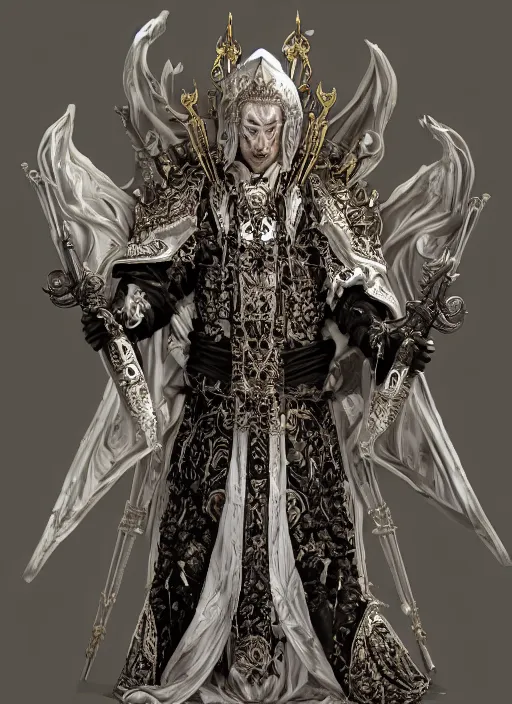 Image similar to high intricate male priest with white baroque armor and black garment, demon lord, ancient forest, maria panfilova, andrea savchenko, mike kime, ludovic plouffe, qi sheng luo, oliver cook, trending on artstation