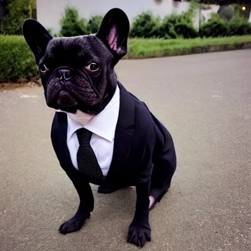 Prompt: black french bulldog wearing businessman attire