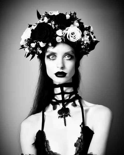 Image similar to dreamy surreal poetic black and white photo of a beautiful young female-cyborg-plant with a very long neck and a super big gothic lace collar and a very high big floral crown with many black dry roses by Vivienne Westwood:: smoke, high fashion, haute couture, rococo, avant-garde, elegant, dreamy, hyper realistic, 150 mm lens, soft rim light, octane render, unreal engine, picture was taken in 1910 by Dora Maar, volumetric lighting, dramatic light,8k,
