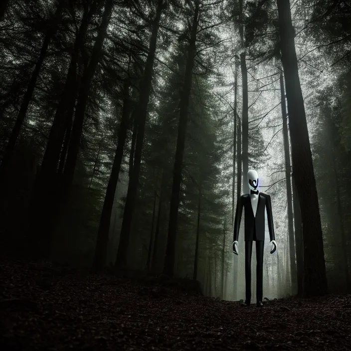 Image similar to cinematic still of slenderman in eerie dark forest, XF IQ4, f/1.4, ISO 200, 1/160s, 8K, RAW, dramatic lighting, symmetrical balance, in-frame