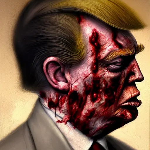 Image similar to side portrait of donald j. trump as a zombie looking down, 7 days to die zombie, fine art, soft light from the side, award winning, subtle earthy tones, intricate, elegant, sharp focus, cinematic lighting, digital painting, 8 k concept art, art by michael hussar, art by brom, art by z. w. gu, 8 k