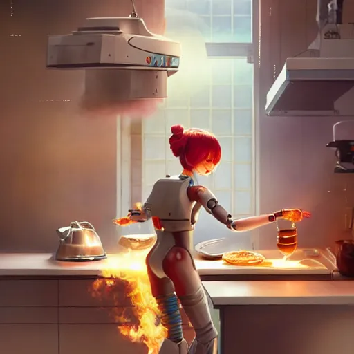 Prompt: a beautiful robot girl cooking breakfast | | cute - fine - face, pretty face, fine details by stanley artgerm lau, wlop, rossdraws, james jean, andrei riabovitchev, marc simonetti, and sakimichan, trending on artstation