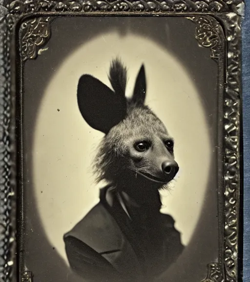 Image similar to professional studio photo portrait of anthro anthropomorphic spotted hyena head animal person fursona wearing elaborate pompous royal robes clothes by Louis Daguerre daguerreotype tintype