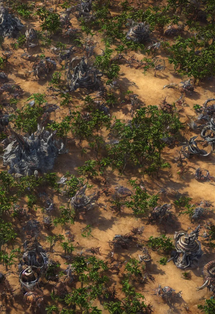 Image similar to zerg base with units zerglings ultralisk roach, realistic, soft natural volumetric lighting, beautifully detailed 4 k octane render, 4 k post processing 8 k