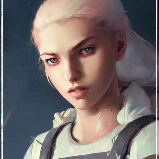 Prompt: portrait, Female adventurer, soft eyes and narrow chin, dainty figure, single strap paint covered overalls, short shorts, combat boots, raining, basic white background, style of by Jordan Grimmer and greg rutkowski, crisp lines and color,