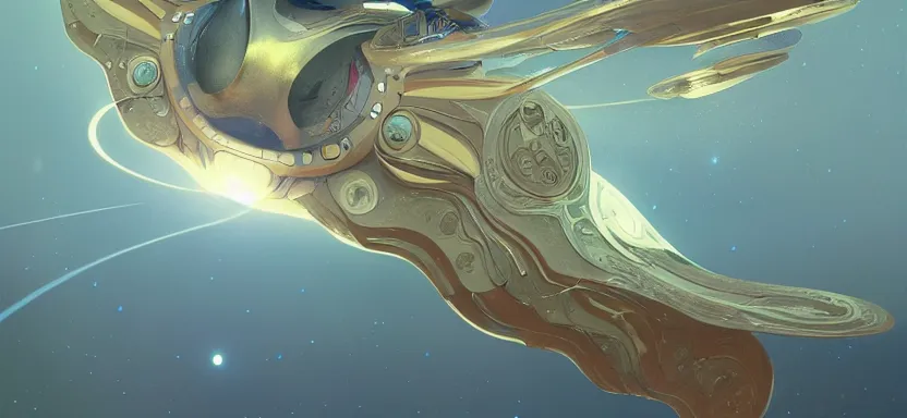 Prompt: an alien spacecraft shaped like a sycamore seed with expansive wings made of spacetime surrounded by deep space imagery a digital illustration by jordan grimmer and alphonse mucha, trending on artstation, ray tracing on, unreal engine