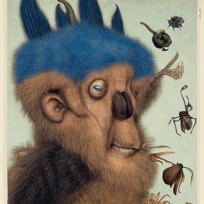 Image similar to close up portrait of a mutant monster creature with white fluffy moth pouf, exotic lily ears, delicate blue sea shell conch corns, snout. by jan van eyck, walton ford