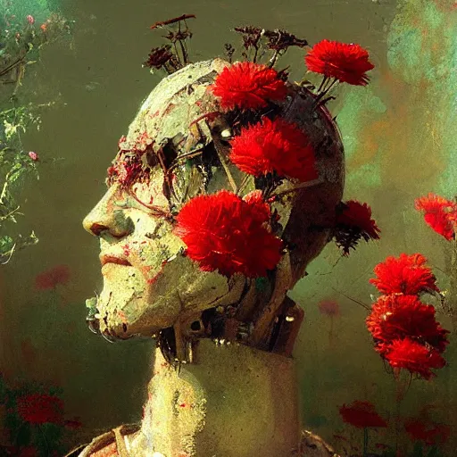 Image similar to a painting by thomas cole of a robot head with flowers growing out, highly detailed, color bleeding, pixel sorting, brushstrokes by jeremy mann