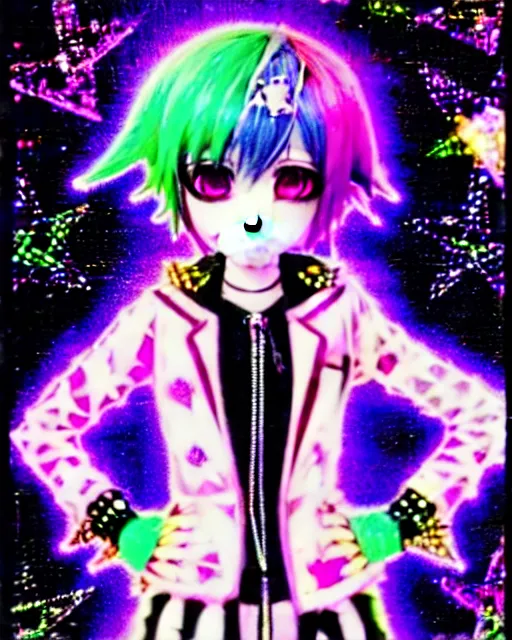 Prompt: a hologram of decora styled yotsuba koiwai wearing a gothic spiked jacket, holography, irridescent, baroque visual kei decora art