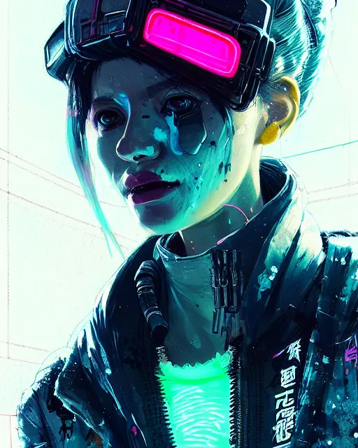 Prompt: detailed portrait neon operator lady, very messy bun, cyberpunk futuristic, neon, reflective puffy coat, decorated with traditional japanese by ismail inceoglu dragan bibin hans thoma greg rutkowski alexandros pyromallis nekro rene margitte, illustrated, perfect face, fine details, realistic shaded, fine - face, pretty face