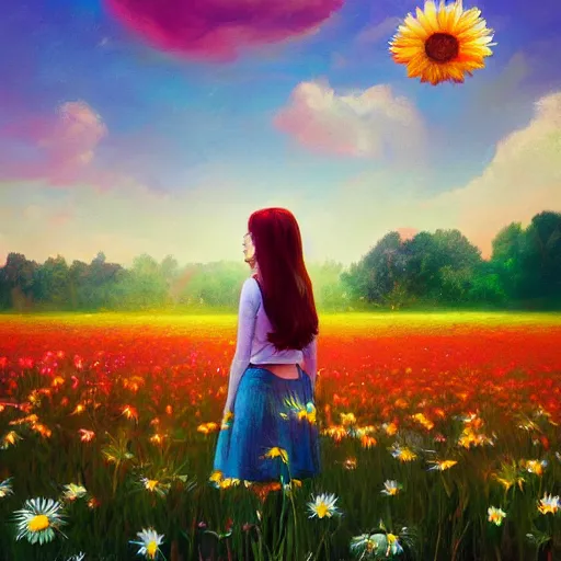 Image similar to giant daisy flower face, full body girl standing in a flower field, surreal photography, sunrise, dramatic light, impressionist painting, colorful clouds, digital painting, artstation, simon stalenhag