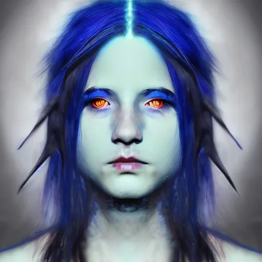 Prompt: portrait of young girl half dragon half human , dragon skin, dragon eyes, dragon crown, blue hair, long hair, By David Lynch