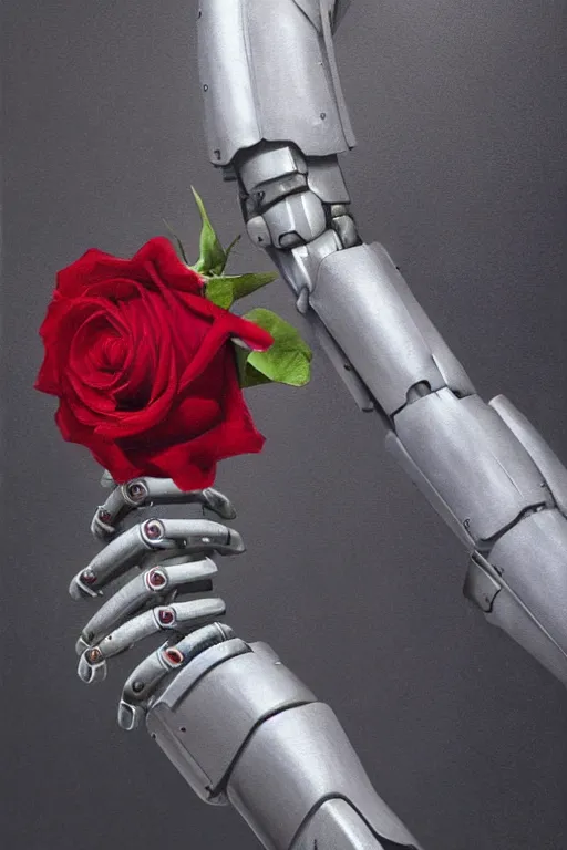 Image similar to a close-up portrait of a robotic arm holding a red rose, painted by Raphel, dramatic backlighting, autochrome, chiaroscuro, highly detailed, sharp focus, digital painting, concept art, illustration, rock, trending on artstation, art by Ruan Jia and Raphael, Art directed by Shepard Fairey, color scheme by Mandy Jurgens