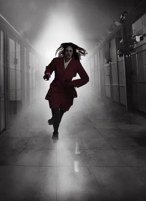 Prompt: a stock photo of a halloween female scientist open lab coat running from a monster in a lab, wide shot, 2 4 mm lens, cinematic lighting, volumetric fog, iso 8 0 0, shallow depth of field, horror movie, award winning