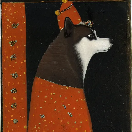 Image similar to akita inu dog dressed as a queen in a dress with orange slices pattern, medieval painting