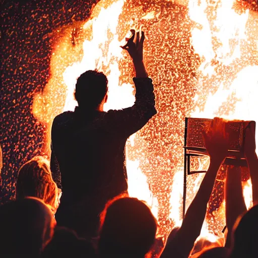 Image similar to Modern worship leader burning a Bible on stage, dramatic lighting, crowd cheering