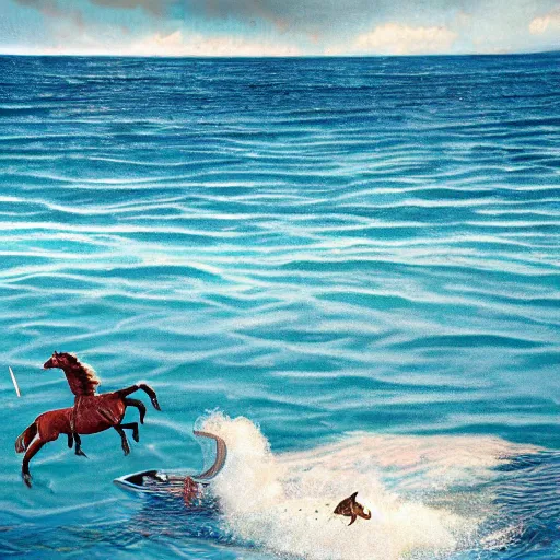 Image similar to horse swimming in the ocean with fork and knife, photorealistic, high detail