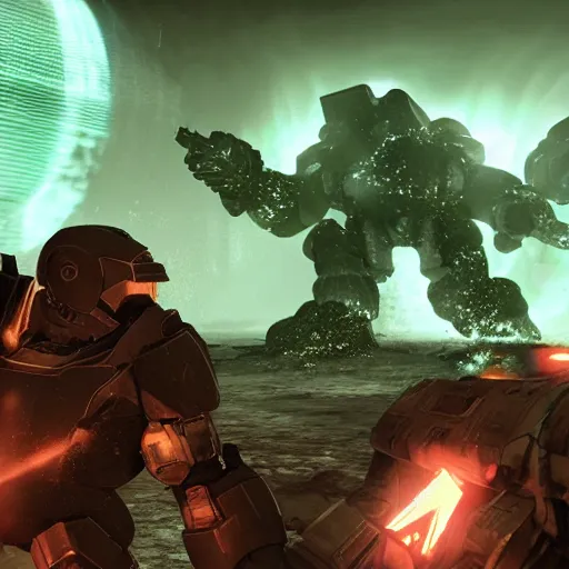 Image similar to Ghazghkull Mag Uruk Thraka killing the master chief