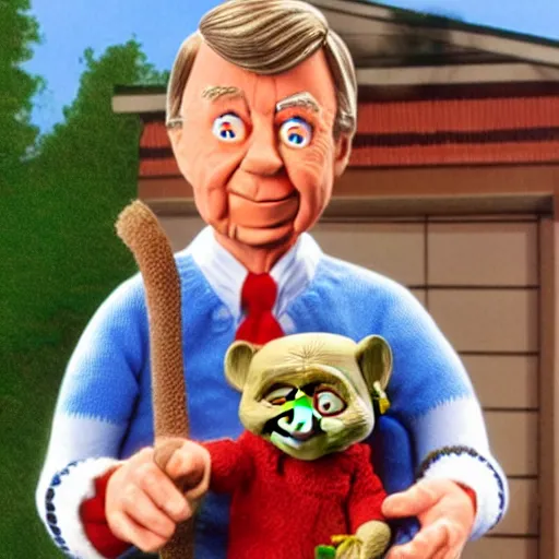 Image similar to photorealistic Mr. Rogers holding Chucky