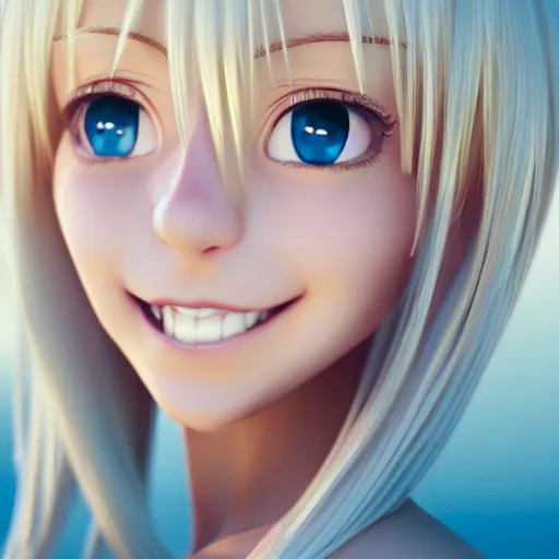 Image similar to beautiful hyperrealism selfie of a cute 3 d anime young woman smiling smugly, long light platinum blonde hair, flushed face, heart - shaped face, cute freckles, light blue eyes, golden hour, 8 k, instagram
