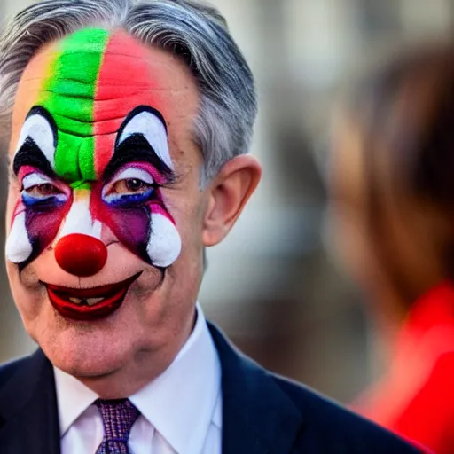 Image similar to Jerome Powell as a clown with clown wig and colorful clown makeup all over his face, award-winning, epic, cinematic