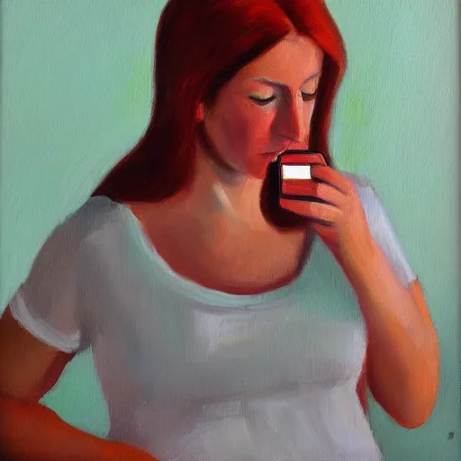 Image similar to red head woman, on her iPhone, trying to figure out how to use discord. Oil painting.