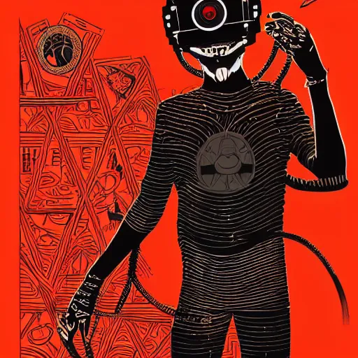 Image similar to Illustrated by Shepard Fairey and H.R. Geiger | Cyberpunk Clown Vampire with VR helmet, surrounded by cables