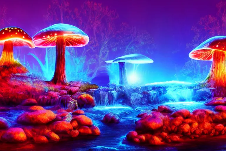 Prompt: giant glowing mushrooms next to a small bridge, flowing water, digital art, glowing crystal monolith in background, blue lighting, acrylic,