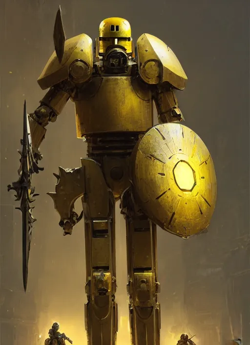 Image similar to human-sized strong intricate humanoid yellow pit droid carrying very detailed perfect antique great sword and beautiful large paladin shield, pancake short large head, exposed metal bones, painterly mecha, by Greg Rutkowski