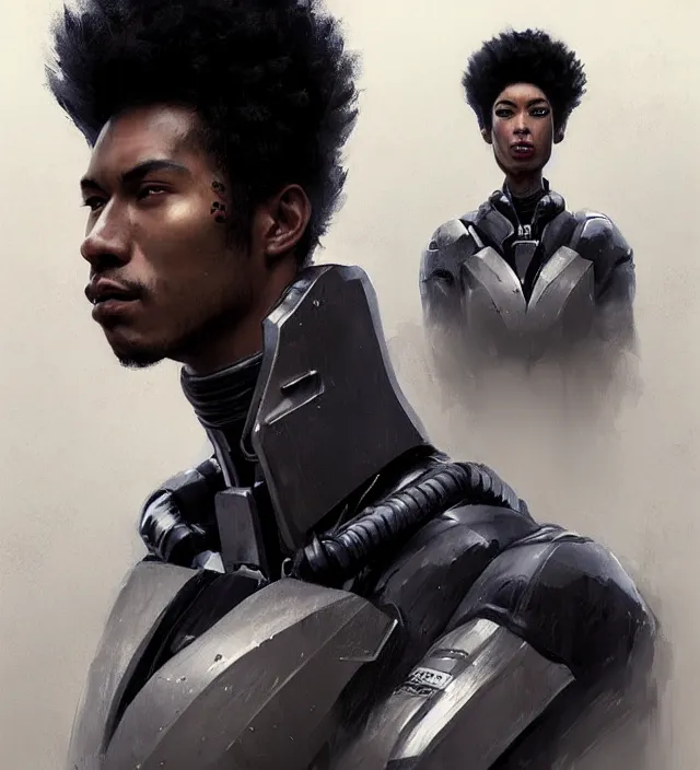 Image similar to portrait of a man by greg rutkowski, he is about 2 5 years old, mixture between afroamerican and japanese, afro hair, geisha tatoos, very tall and slender, he is wearing a futuristic police gear, highly detailed portrait, digital painting, artstation, concept art, smooth, sharp foccus illustration, artstation hq