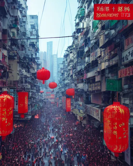 Image similar to chinese new year decoration, chinese new year parade, crowd of people, street, poor buildings, hong kong buildings, kowloon, slums, cyberpunk, ghost in the shell, dramatic lighting, trending on Artstation, 8k, highly realistic, hyper detailed, unreal engine 5, IMAX quality, realistic, cinematic, epic lighting, realistic, Matte Painting, masterpiece,