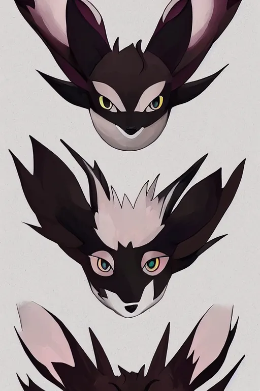 Image similar to zorua pokemon, stylised fox - like appearance, black and auburn colour pallet, illusory trickster, thick furry neck and chest fluff, stylised 🖌 - like hair, pokemon concept art with multiple angles, super detailed, clean lines, digital art