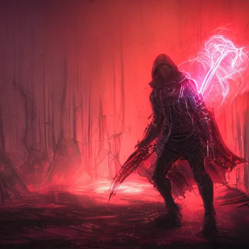 Prompt: tactical combat squad in red hoods fighting otherworldly monsters between the mystical foggy swamp. Style as if Dan Mumford and Tsutomu Nihei make game in Unreal Engine, photorealism, colorful, finalRender iridescent fantasy concept art 8k resolution concept art ink drawing volumetric lighting bioluminescence, plasma, neon, brimming with energy, electricity, power, Colorful Sci-Fi Steampunk Biological Living, cel-shaded, depth, particles, lots of reflective surfaces, subsurface scattering